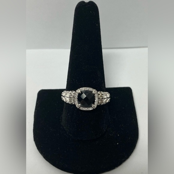 JAI 925 Sterling Silver Black Faceted Onyx & Diamond Ring - Picture 1 of 8